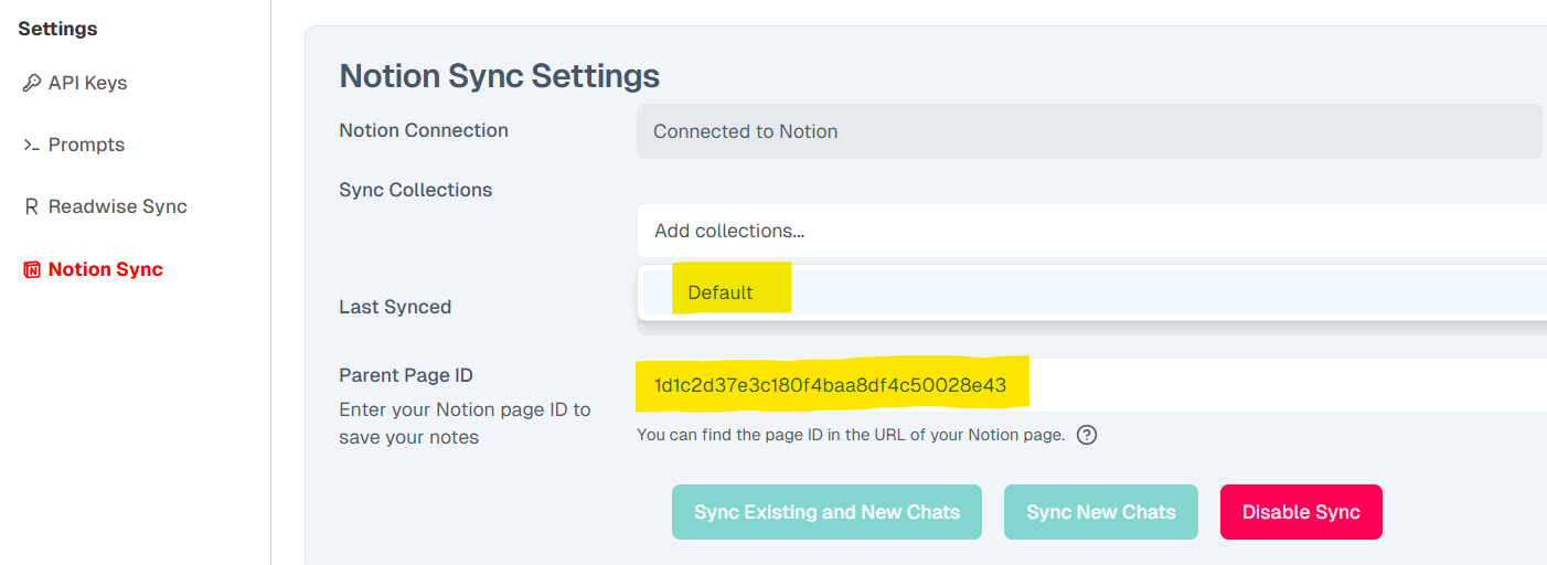 configure notion sync settings page id